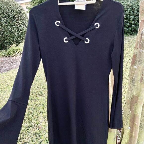 JET BLACK MICHAEL KORS FIT&FLARE DRESS-GROMMET CRISS CROSS STRAPS S NWT - Picture 12 of 16